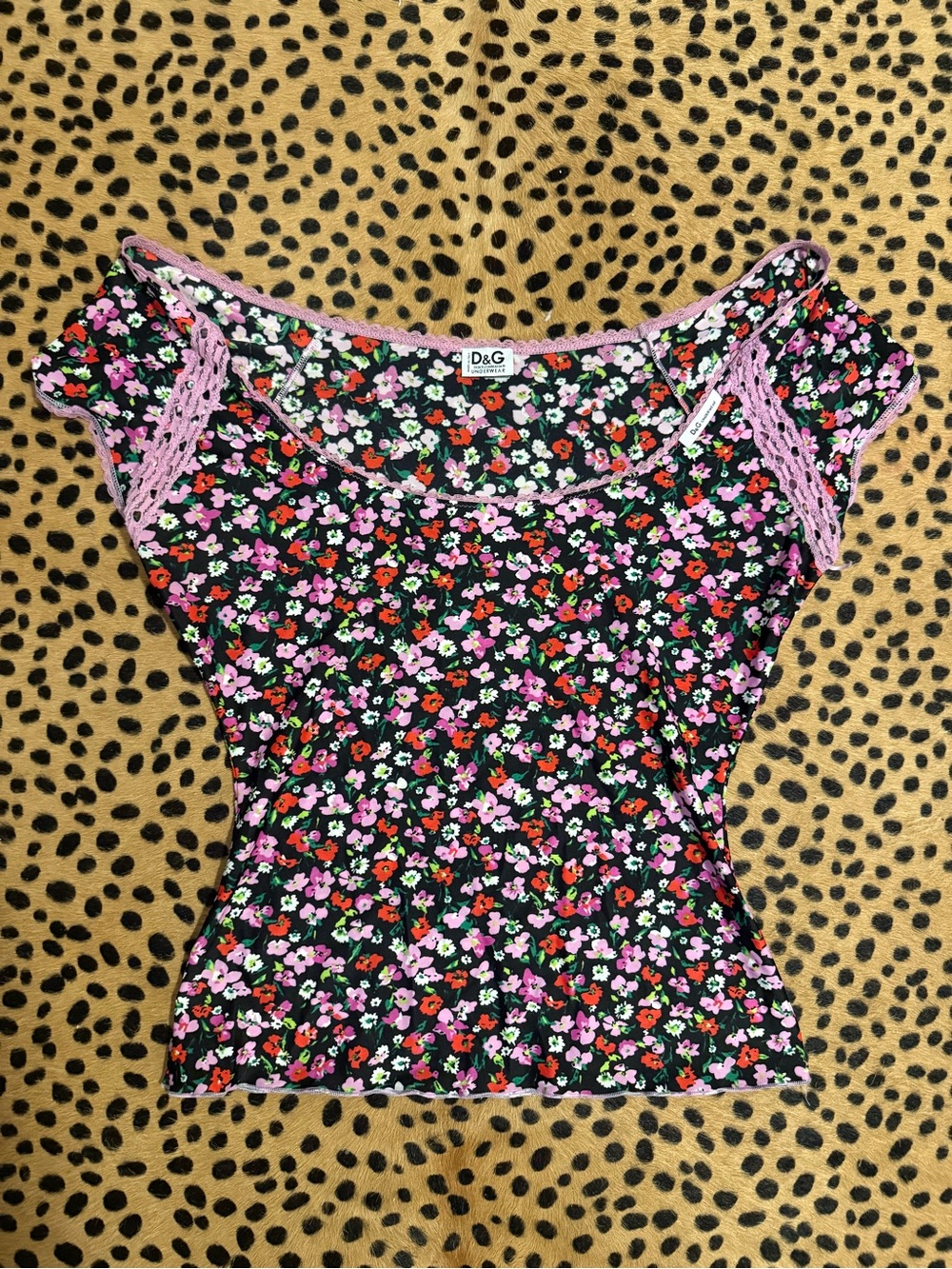 D&G Black Floral Scoop Neck Crop Top with Pink Crochet Trim